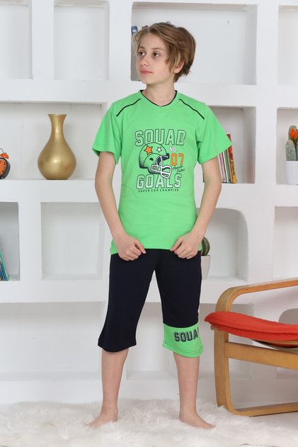 Short Sleeve Capri Boys' Cycling Collar Helmet Printed Green Color Pajama Set
