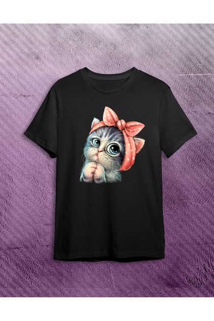 Tricou damă cu imprimeu Cute Cat - Negru-stk1042