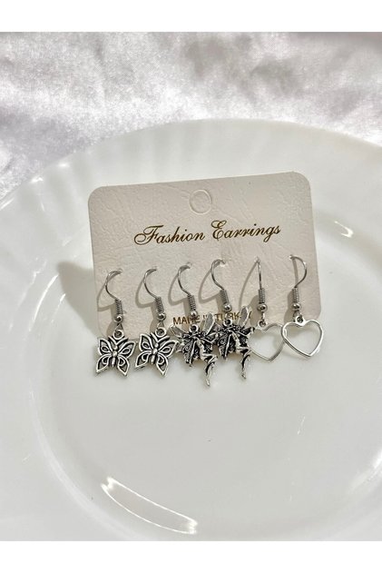 Kelebek Kalp Peri Gümüş Renk Çoklu Set Küpe