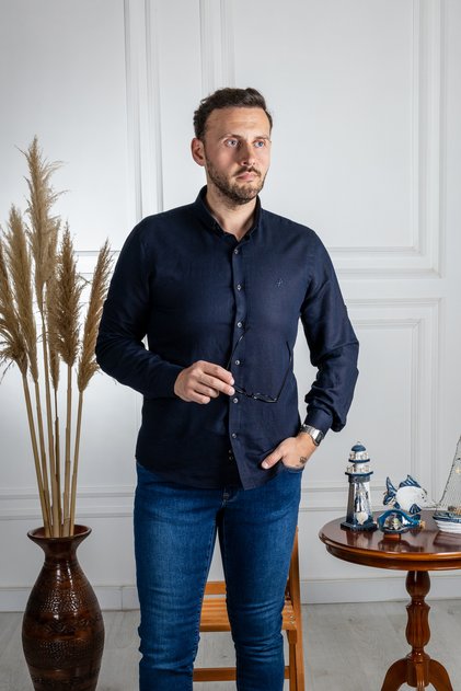 İnterview Sarar Goias Buttoned Collar Slim Fit Linen Dark Navy Blue Shirt