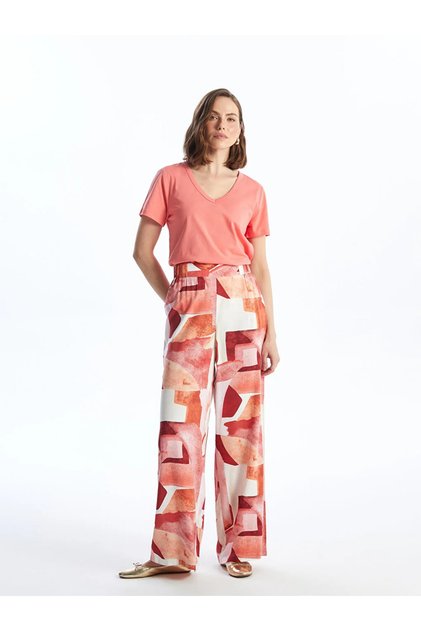 Lcwaikiki Classic Elastic Waist Print Wide Leg Women's Trousers