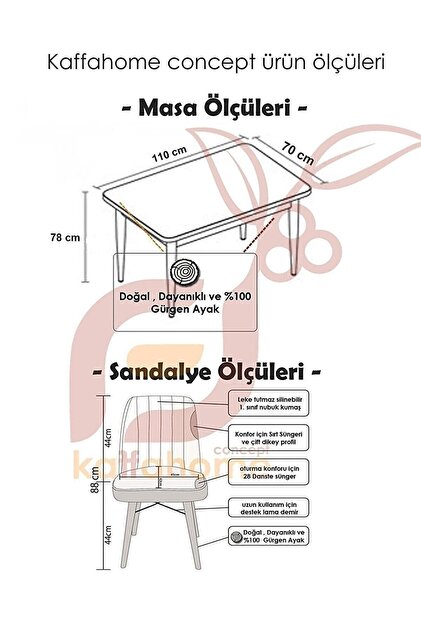 Kaffahome Riff 70x110 Barok 4 Kişilik Sabit Masa Sandalye Takımı