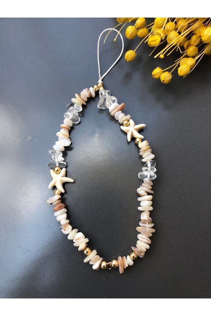 Pearlescent Broken Stone Gold Detailed Starfish Phone Strap Charm Lanyard