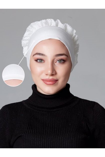 Cream ( Ecru - Off White ) Combed Cotton Frilly Non-Slip Bonnet