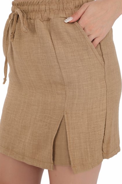 Women's New Season Linen Look Brown Short Skirt, Slim Summer Slouchy Short Skirt with Elastic Waist