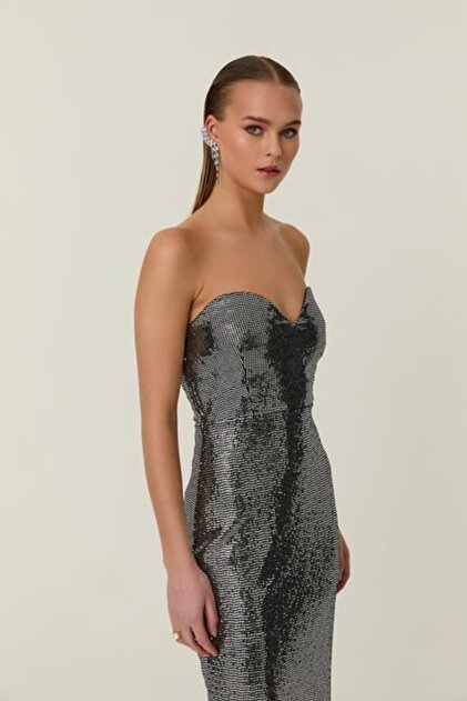 Quzu Silver Strapless Midi Dress- Trendyol