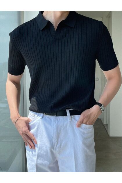 Black Men's Ribbed Polo Collar Knitwear T-Shirt
