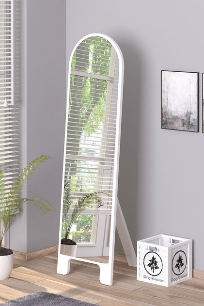 Beyaz 150X43 cm Ayaklı Tek Kubbeli Salon Antre Çocuk Odası Banyo WC Yatak Odası Boy Aynası