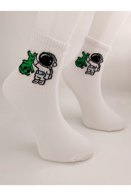 Unisex Comics Fashion Space Astronaut Alien Patterned White Alien Astronaut Written College Socks
