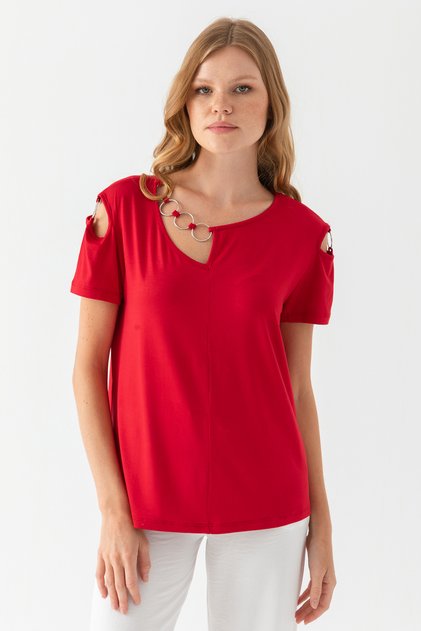 Women's Green Viscose Combed Cotton Blouse with Ring Detail on Collar and Shoulders