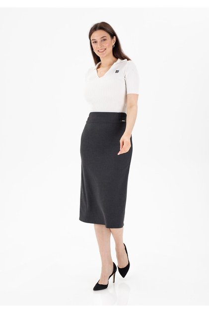 Anthracite Midi Length Classic Pencil Skirt with Elastic Waist and Back Slit with Zipper