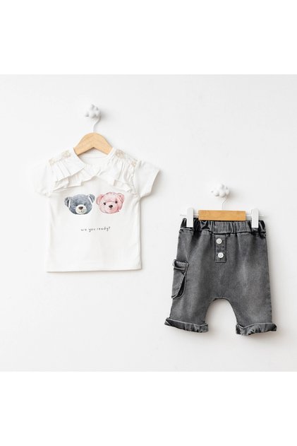 Knitted Denim Girls T-Shirt Set Ecru