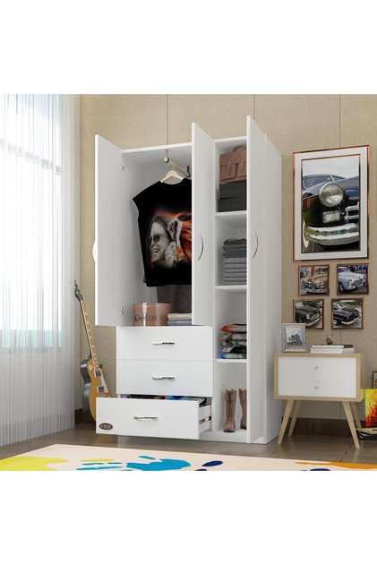 Gardırop 3 Kapılı 3 Çekmeceli Civanperçemi 180*120*52 Byz Xlarge Kapaklı Gardolap Dolap Ofis
