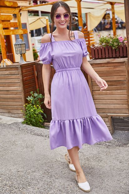 armonika Kadın Lila Beli Lastikli Askılı Elbise ARM-21K001214 - 2