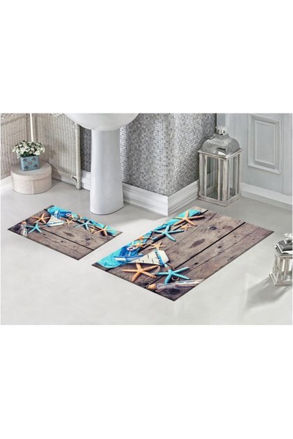 Wooden Floor Starfish Themed 3D Patterned Digital Printed Bath Mat