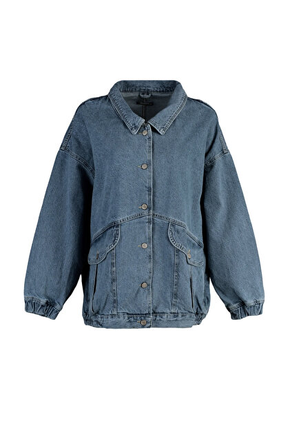 Trendyolmilla Koyu Mavi Cep Detaylı Oversize Denim Ceket