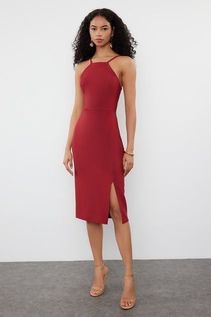 slim fit dress slacks Burgundy Satin Halter Maternity Midi Dress