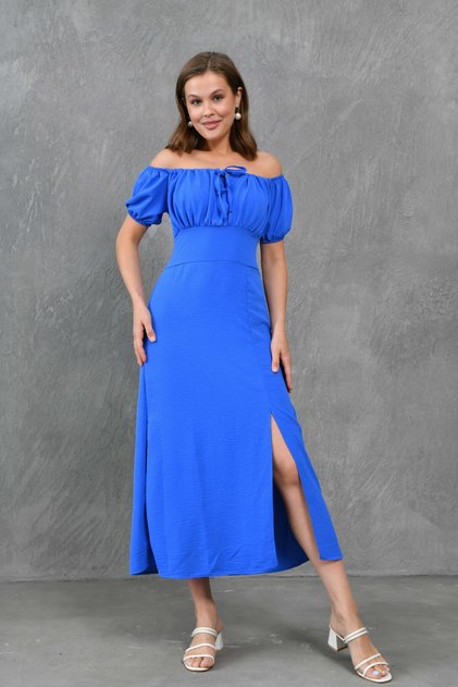 Blue Summer Dress with Gipeli on the Back, Gathered Detail on the Chest, Slit, Midi Length, Short Sleeves 104