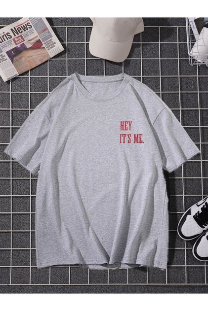 Oversize Hey It's Me Baskılı Gri Tshirt