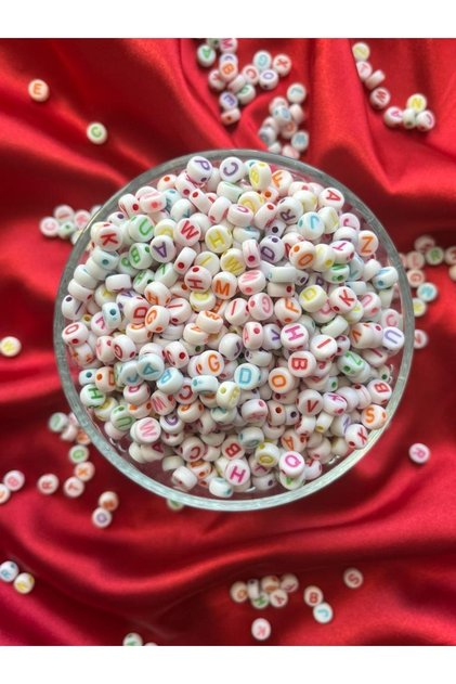 50 Gr Mixed Flat White Letter Beads, Lettered Jewelry Beads, (350-375 Pieces)