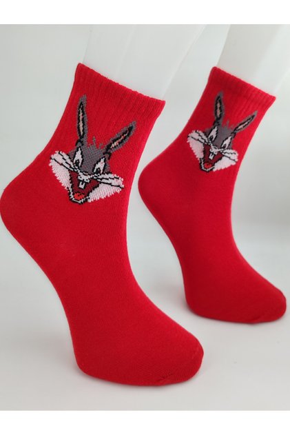 Unisex Comics Fashion Red Bugs Bunny Patterned Written College Socks