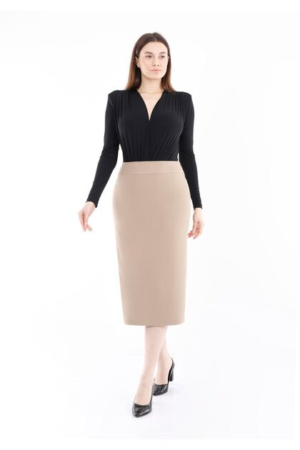Classic Midi Length Camel Pencil Skirt with Back Zipper and Slit