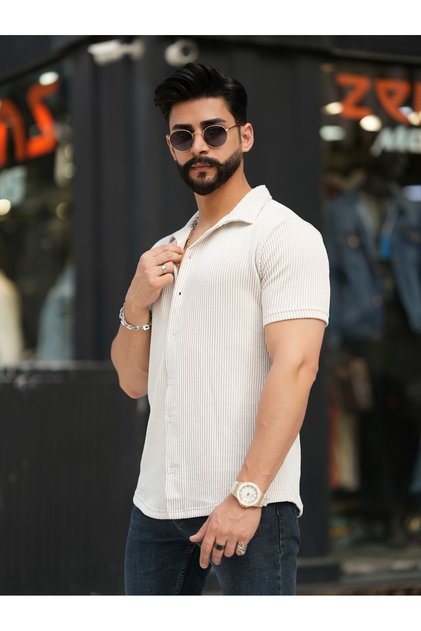 Men's Cream White Striped Patterned Corded Cotton Summer Short Sleeve Apache Collar Shirt