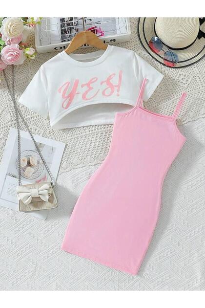 Kids Yes Printed Dress & Crop T-Shirt 2-Piece Combination