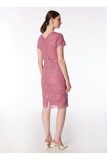 V Yaka Pullu Pembe Standart Kadın Elbise 24YSL7436