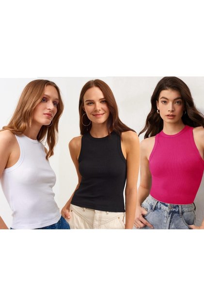3-Pack Ribbed Halter Collar Knitted Singlet T-Shirt