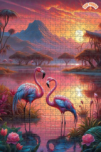 Aşkın Gölgesinde Flamingolar Dekoratif Çift Katlı Çerçeveli Asılabilir Ahşap Puzzle 500 PARÇA 50X30