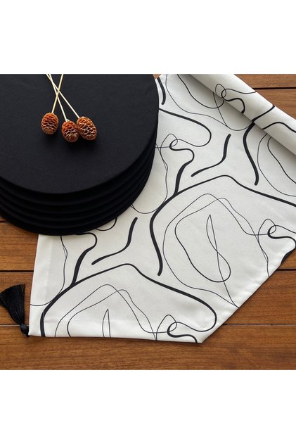 Placemat, 6-Piece Black Placemat and Table Runner Cover Set with Black Knot Stitch, New Collection