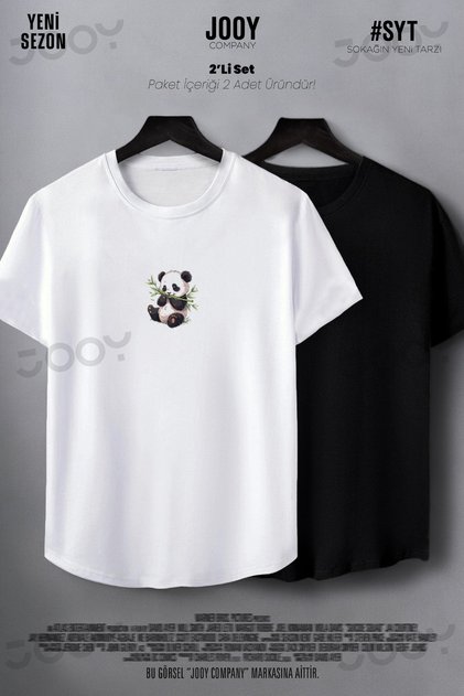 Bamboo Panda Printed Black and White Oval Cut Slim Fit T-shirt Set of 2