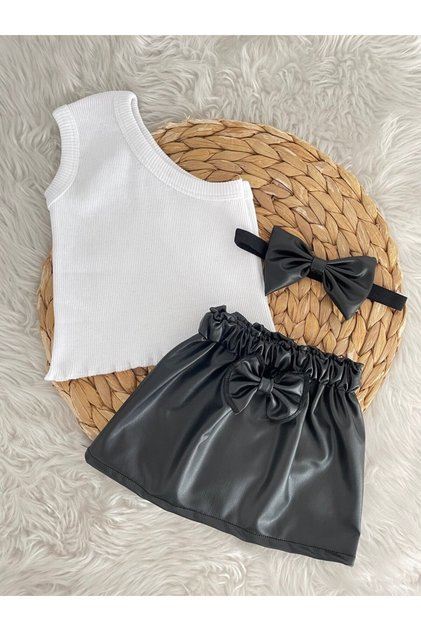 Girl's Leather Skirt Bandana and Crop Suit