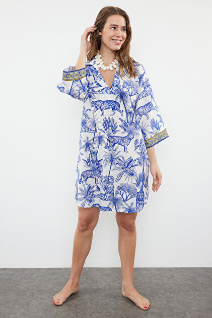 Trendyol Collection Tropical Print Wide Fit Midi Woven 100% Cotton Beach  Dress Tbess24El00047- Trendyol