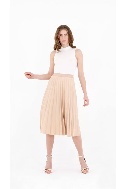 Beige Midi Length High Waist Pleated Skirt with Elastic Waistband