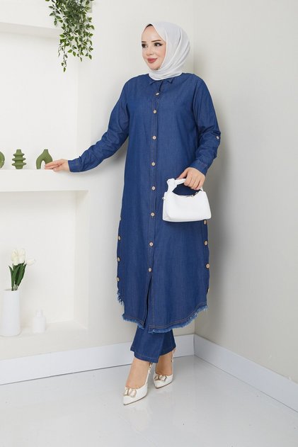 Women's Wooden Button Detailed Trousers Double Denim Suit