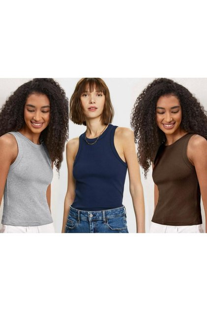 3-Pack Ribbed Halter Collar Knitted Singlet T-Shirt