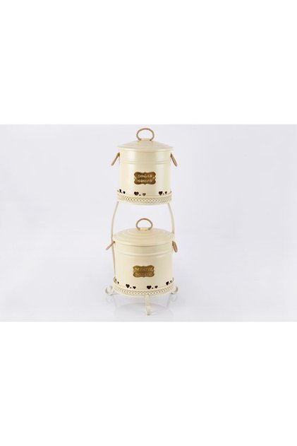 Krem Galvaniz Dantel Desenli Metal Standlı İki Katlı Patates Soğan Kovası 1051