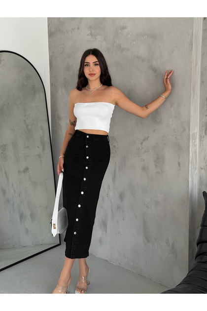 Kadın Önü Düğmeli Maxi Boy Siyah Likralı Denim Etek