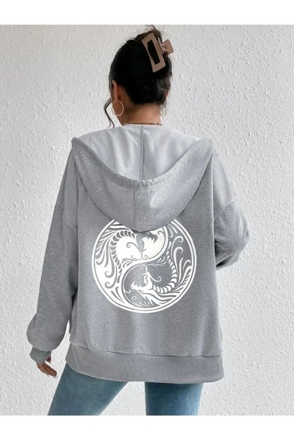 Round Double Dragon Printed Zippered Hooded Oversize Sweatshirt