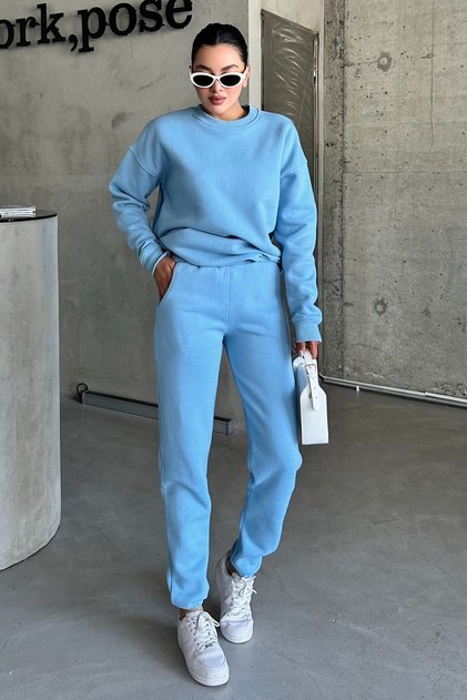 Unisex Baby Blue Crew Neck Plain Oversize Top and Bottom Tracksuit Set