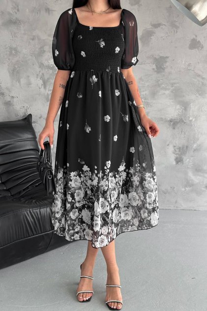 Women's black Patterned square neck chiffon dress NBQ003