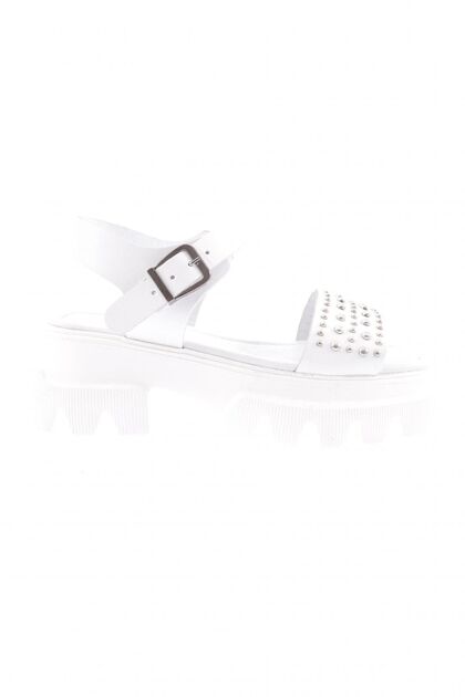 140 Women's Thick Sole Cross Banded Stone Sandals Genuine Leather White
