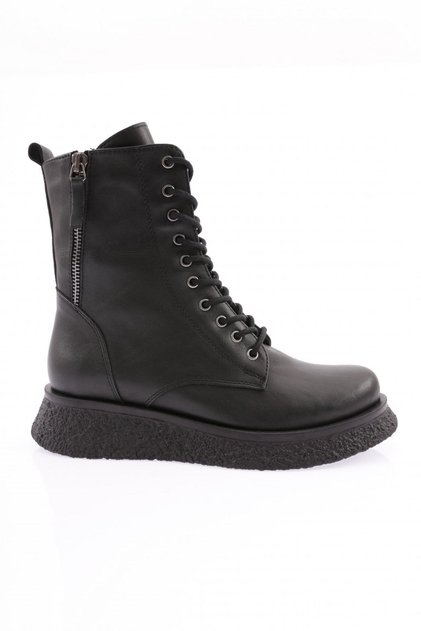 حذاء 335 نسائي برباط ونعل سميك جلد طبيعي أسود