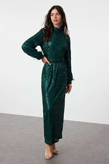 Trendyol Modest Sequined Emerald Green Evening Dress with Otri Detail -  TCTSS24DB00049- Trendyol
