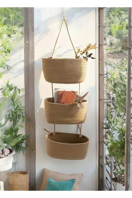Triple Wicker Jute Wall and Behind Door Hanging Basket Book and Baby Toy Storage and Bathroom Basket