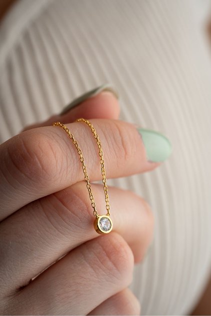 925 Ayar Gümüş Gold Kaplama Minimal 5 mm Tektaş Kolye