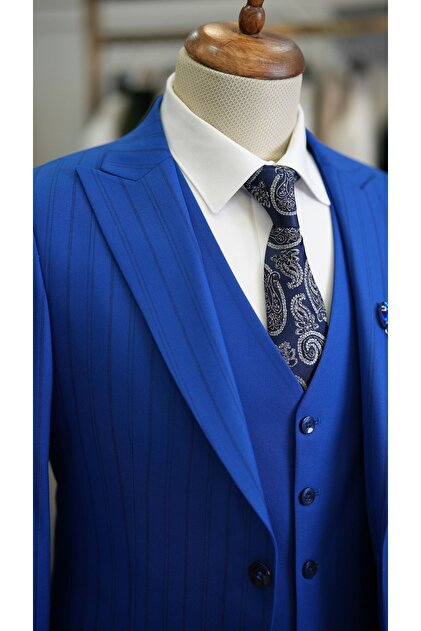 LONATOLİA Erkek Saks Mavisi Takım Elbise Slim Fit Italyan Stil