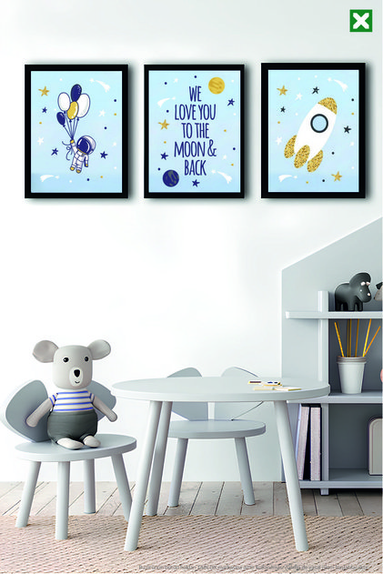 Set de pictură modernă din MDF cu aspect de cadru din 3 piese cu tematică spațială – Decor pentru cameră pentru bebeluși și copii